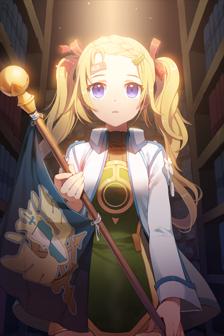 bandaid bandaid_on_forehead blonde_hair blue_eyes braid coat flag frett gilse hair_ornament hairclip long_hair open_mouth ribbon shorts solo sword_girls twintails