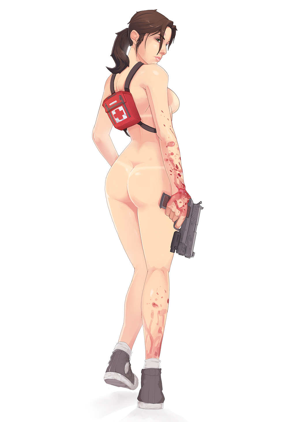 ass ass_focus bad_id bad_pixiv_id bikini_tan blood breasts brown_hair converse curvy first_aid_kit flashlight from_behind full_body green_eyes gun handgun highres left_4_dead long_hair looking_back medium_breasts nude owler pistol ponytail shoes sideboob sneakers socks solo tan tanline weapon zoey_(left4dead)