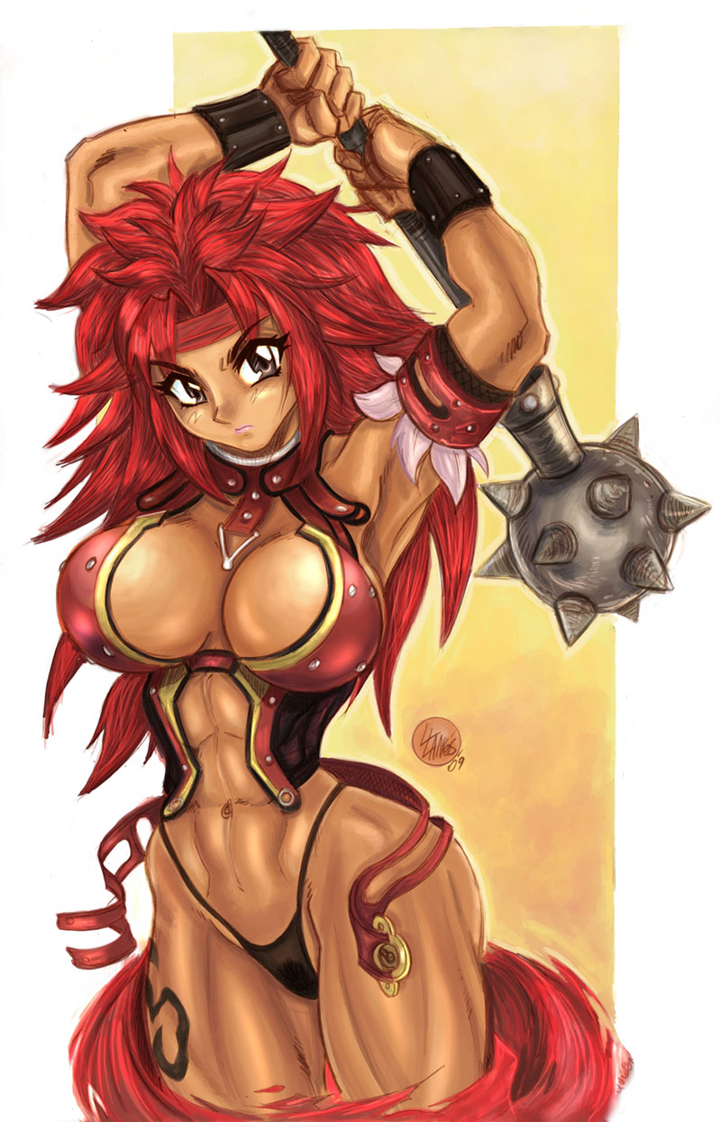 abs armband armor armpits arms_up bikini_armor breasts dark_skin g-string headband highleg highleg_panties highres ivan_llanos large_breasts long_hair mace navel panties queen's_blade red_hair revealing_clothes risty solo tattoo thick_thighs thighs thong underwear weapon wristband