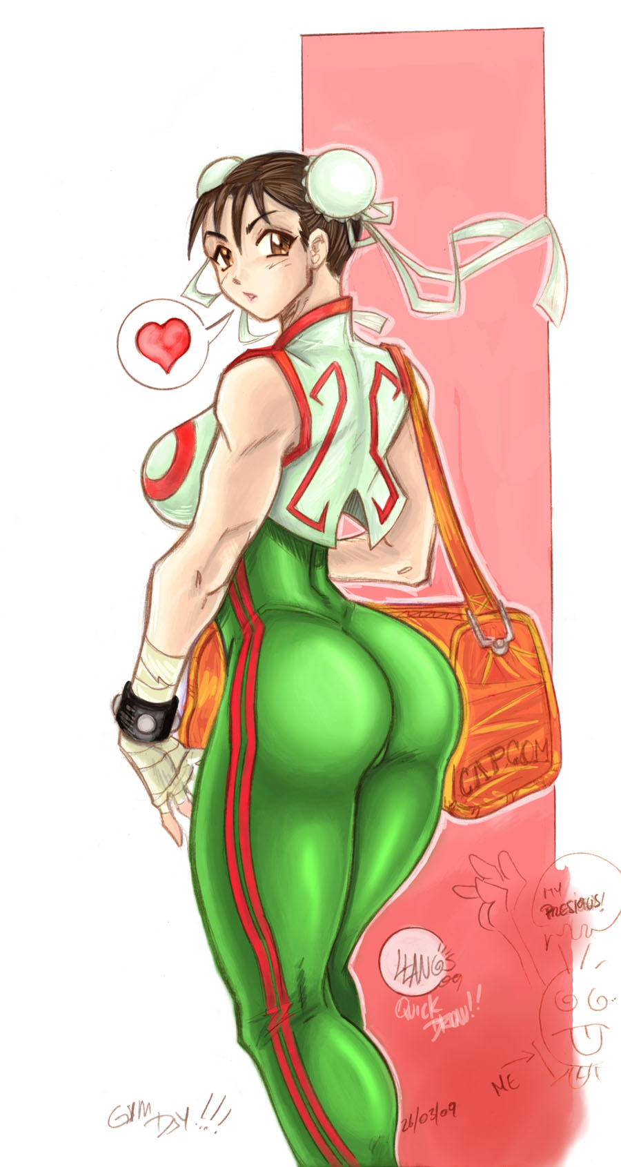 alternate_costume ass bag bandages bodysuit bracelet breasts brown_eyes brown_hair bun_cover chun-li cropped_jacket double_bun duffel_bag from_behind green_bodysuit hair_ribbon heart highres ivan_llanos jewelry large_breasts ribbon short_hair solo spoken_heart street_fighter street_fighter_zero_(series) thick_thighs thighs toned
