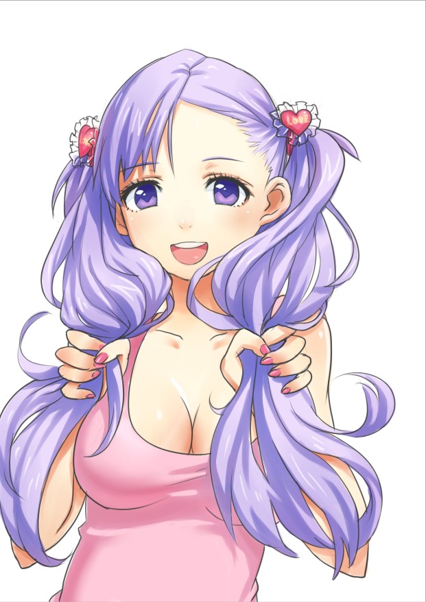 1girl blush breasts cleavage hair_bobbles hair_ornament leizhong long_hair nail_polish open_mouth original purple_hair simple_background smile solo tank_top twintails white_background