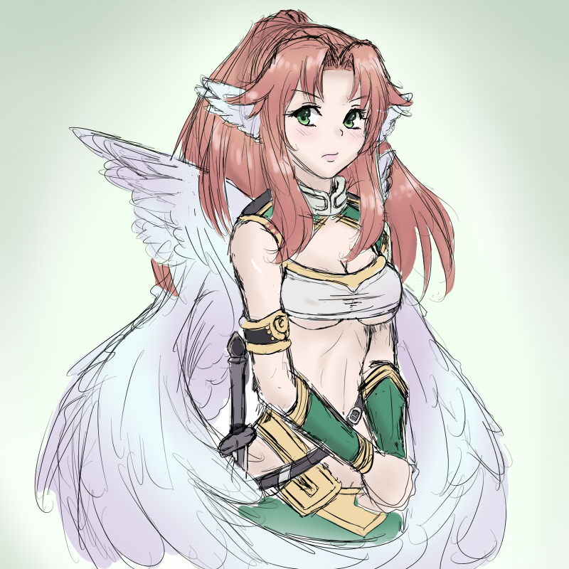 agarest_senki agarest_senki_(series) angel_wings blush breasts brown_hair cleavage exp green_eyes large_wings long_hair medium_breasts midriff ponytail silvi_(agarest_senki) solo strapless sword tubetop underboob vambraces weapon wings