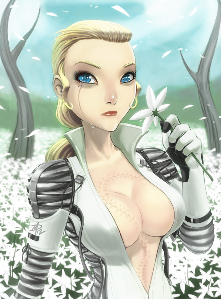 blonde_hair blue_eyes breasts crying daniel_macgregor eyelashes field flower flower_field large_breasts lipstick long_hair makeup metal_gear_(series) metal_gear_solid metal_gear_solid_3 no_bra open_clothes petals ponytail scar tears the_boss