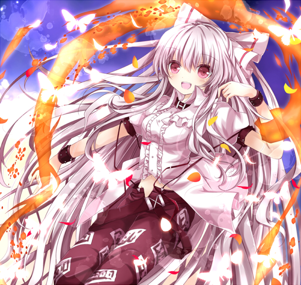 :d bad_id bad_pixiv_id blush bug butterfly collar fujiwara_no_mokou insect leaf long_hair nanase_nao open_mouth petals red_eyes smile solo suspenders touhou very_long_hair white_hair wrist_cuffs