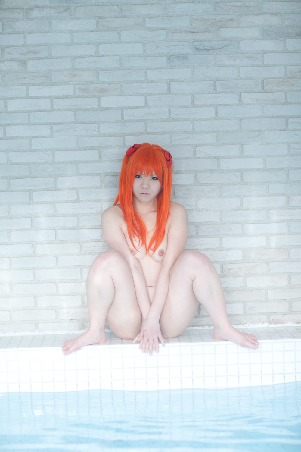 asian breasts cosplay highres neon_genesis_evangelion nude orange_hair photo pool soryu_asuka_langley tanaka_mana water