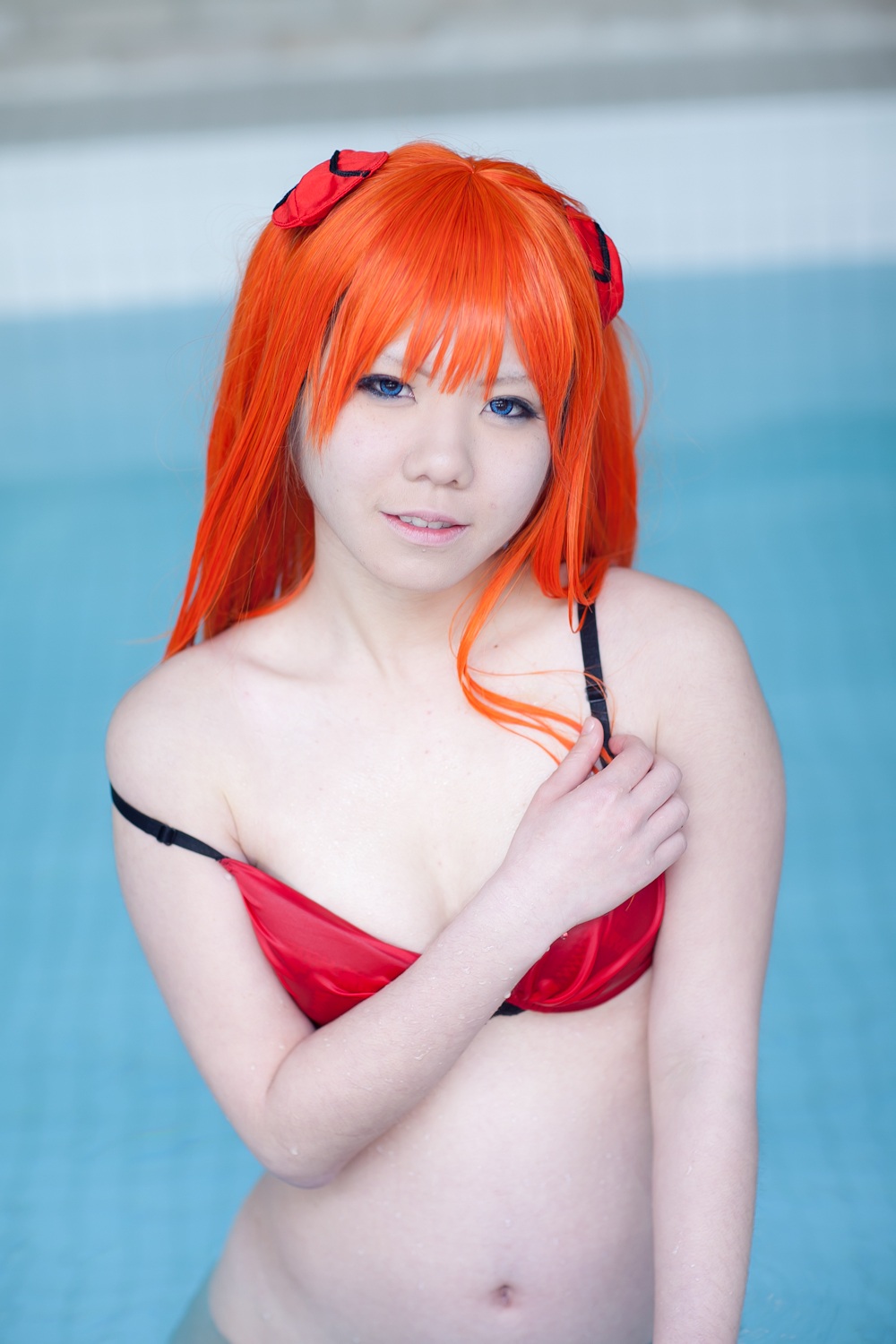asian bottomless bra cosplay highres neon_genesis_evangelion orange_hair photo pool soryu_asuka_langley tanaka_mana underwear water