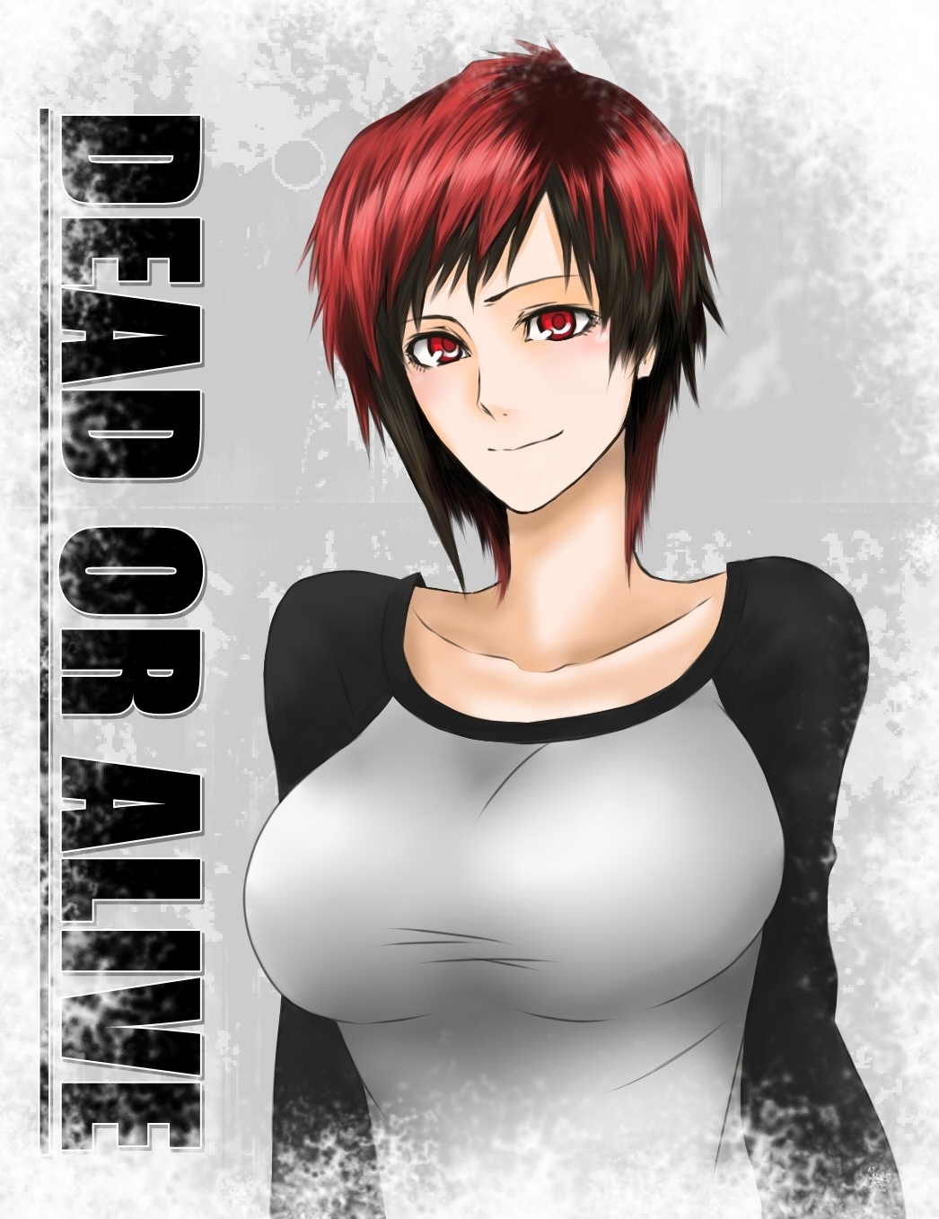 blush breasts collarbone copyright_name dead_or_alive dead_or_alive_5 healtz highres large_breasts mila_(doa) raglan_sleeves red_eyes red_hair short_hair smile solo