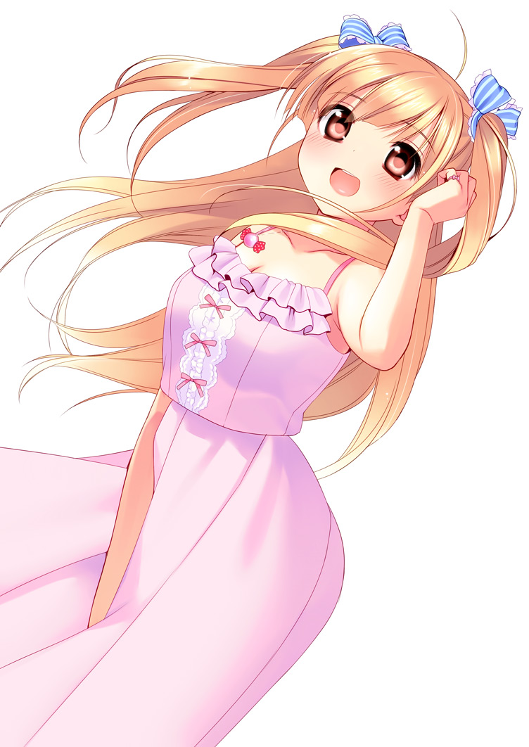 :d between_legs blonde_hair blush bow breasts brown_eyes cleavage collarbone hair_bow hand_between_legs long_hair medium_breasts open_mouth original piyodera_mucha smile solo two_side_up