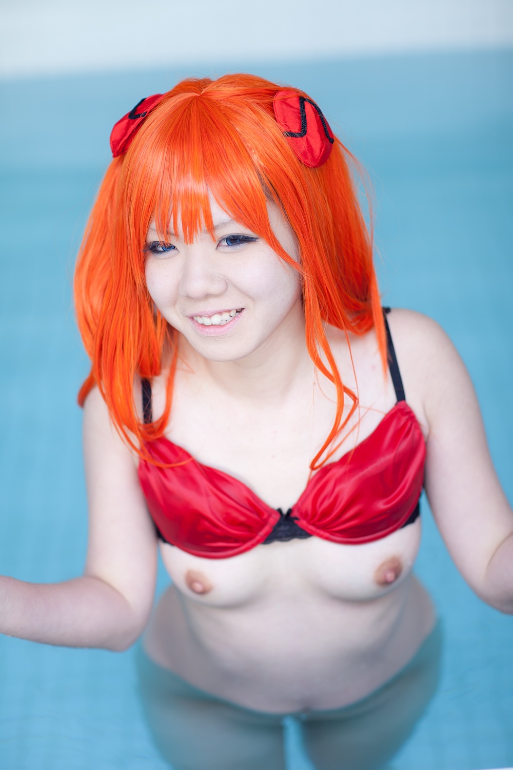 asian bottomless bra breasts cosplay highres neon_genesis_evangelion orange_hair photo pool soryu_asuka_langley tanaka_mana underwear water