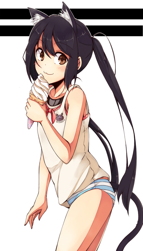:3 animal_ears black_hair blush brown_eyes cat_ears cat_tail collarbone food holding ice_cream ice_cream_cone k-on! long_hair looking_at_viewer nakano_azusa panties solo soto_miyako striped striped_panties tail tank_top twintails underwear
