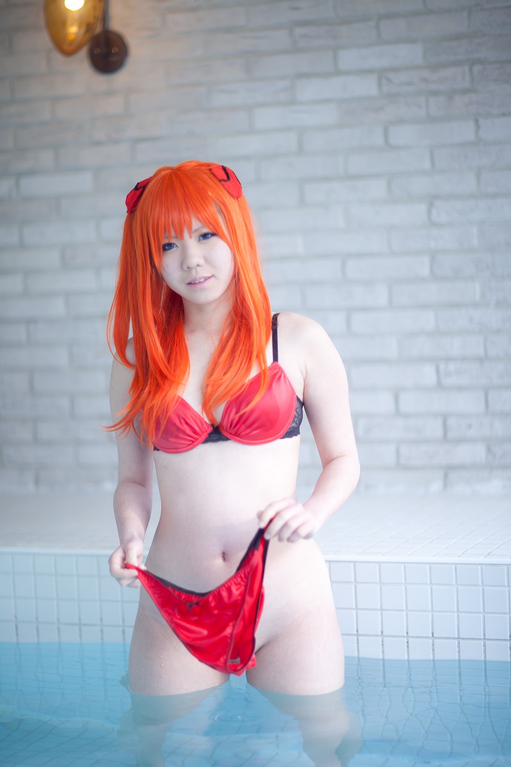 asian bikini cosplay highres neon_genesis_evangelion orange_hair photo pool soryu_asuka_langley swimsuit tanaka_mana water