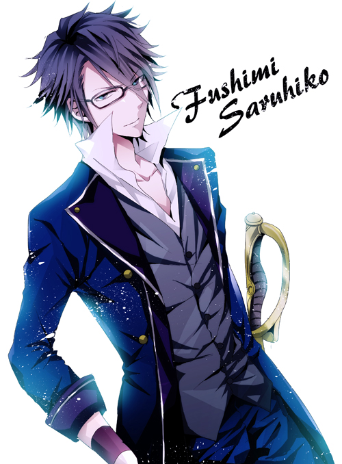 black_hair blue_eyes character_name fushimi_saruhiko glasses jacket k_(anime) maine_(unap!) male_focus solo sword weapon