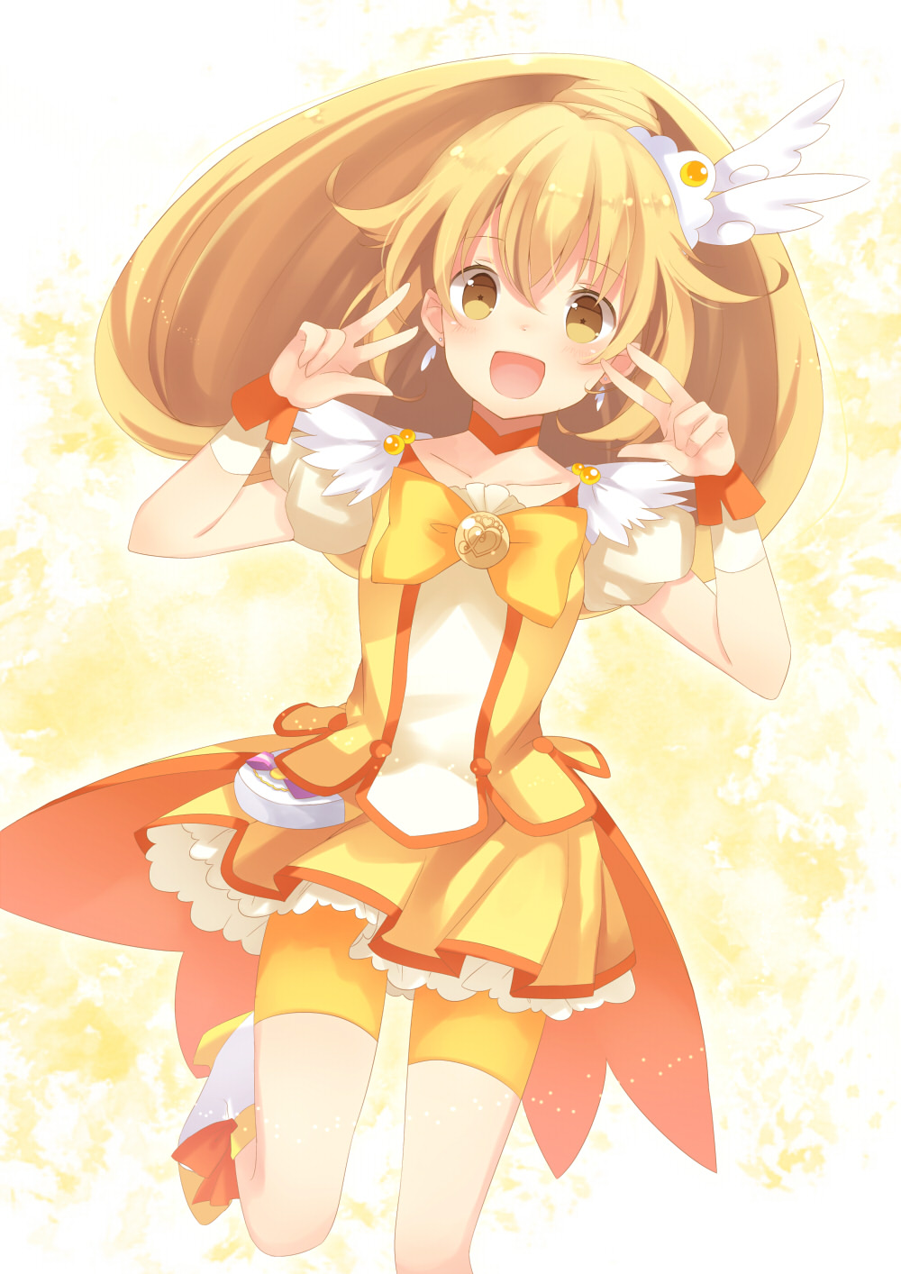 :d bad_id bad_pixiv_id bike_shorts blonde_hair blush bow cure_peace double_v dress earrings hair_flaps hair_ornament highres jewelry kise_yayoi long_hair looking_at_viewer magical_girl marotti open_mouth precure shorts shorts_under_skirt skirt smile smile_precure! solo v yellow yellow_bow yellow_eyes yellow_shorts yellow_skirt