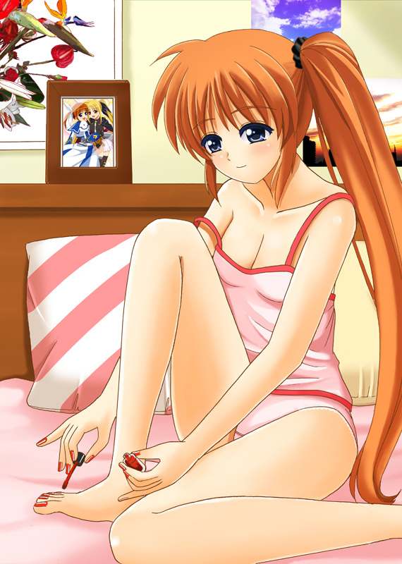 bare_shoulders barefoot bed blue_eyes breasts brown_hair camisole cleavage fate_testarossa long_hair lyrical_nanoha mahou_shoujo_lyrical_nanoha_strikers medium_breasts nail_polish ookawa_wataru painting_nails panties pillow side_ponytail solo strap_slip takamachi_nanoha underwear very_long_hair