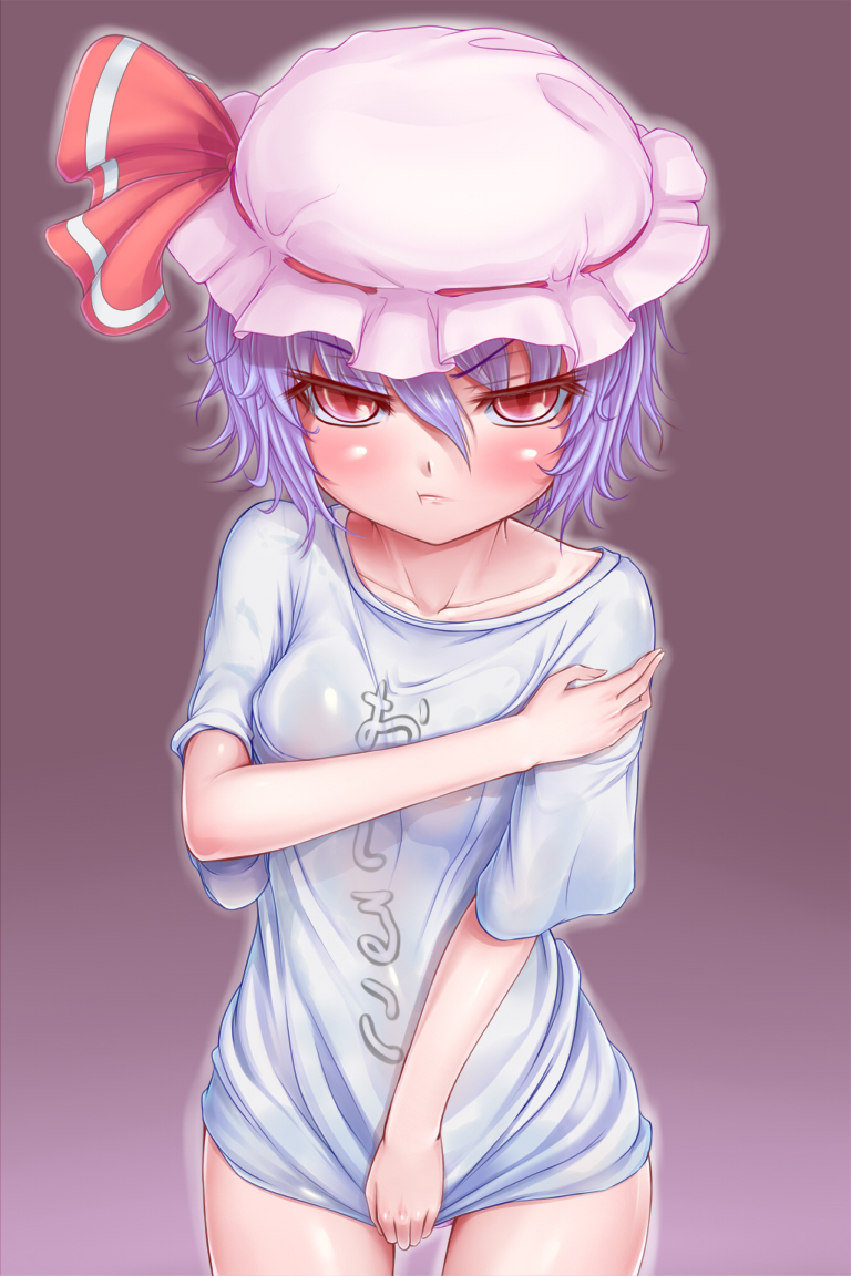 :t blue_hair blush clothes_writing collarbone covering covering_breasts embarrassed gradient gradient_background hat hat_ribbon irudana naked_shirt pout red_eyes remilia_scarlet ribbon shirt shirt_tug short_hair solo touhou translated