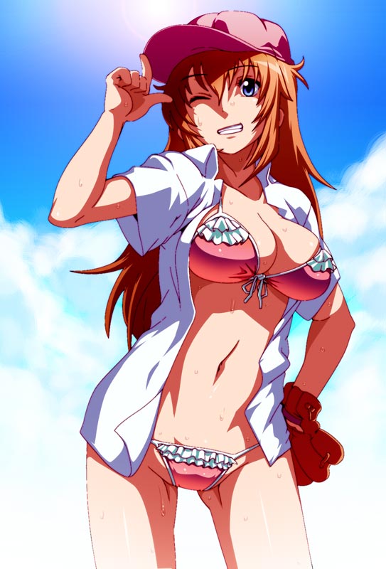 baseball_mitt bikini blue_eyes breasts brown_hair charlotte_e_yeager cloud day grin hat large_breasts lens_flare long_hair navel one_eye_closed sky smile solo strike_witches sweat swimsuit tabigarasu world_witches_series
