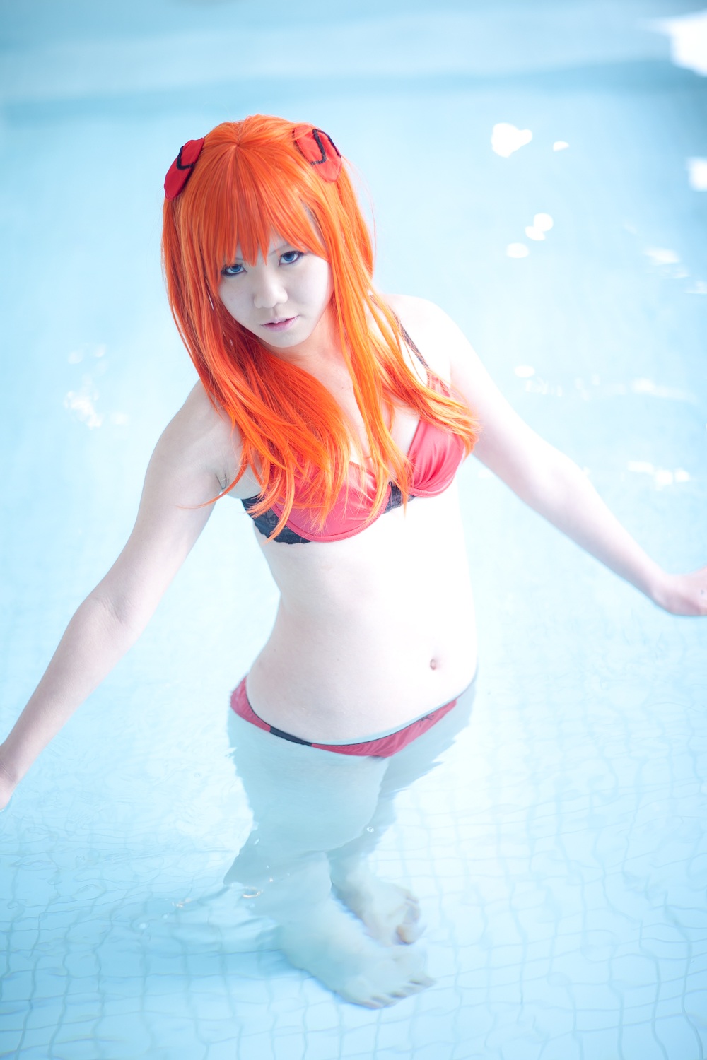 asian bikini cosplay highres neon_genesis_evangelion orange_hair photo pool soryu_asuka_langley swimsuit tanaka_mana water