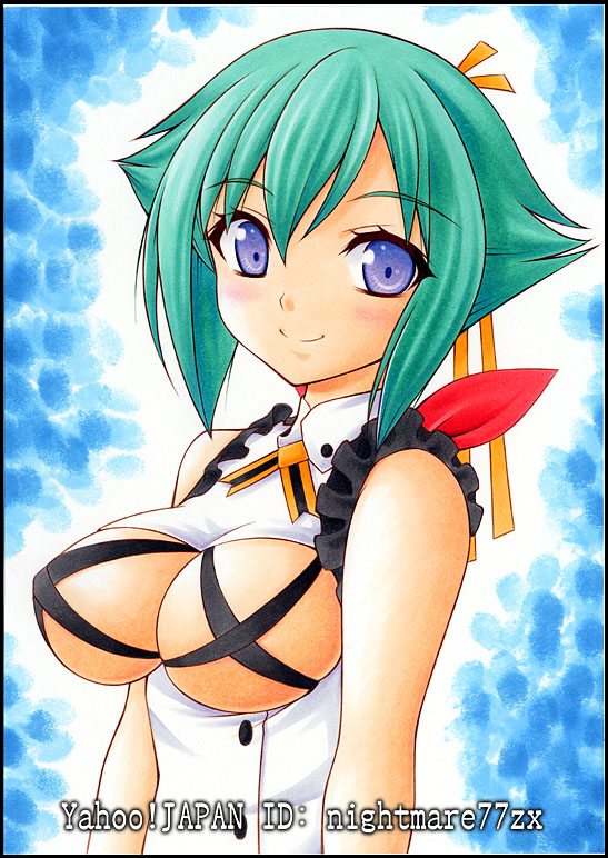 aquarion_(series) aquarion_evol artist_name blush bow breasts green_hair hair_ribbon large_breasts nightmare77zx purple_eyes revealing_clothes ribbon short_hair smile solo zessica_wong