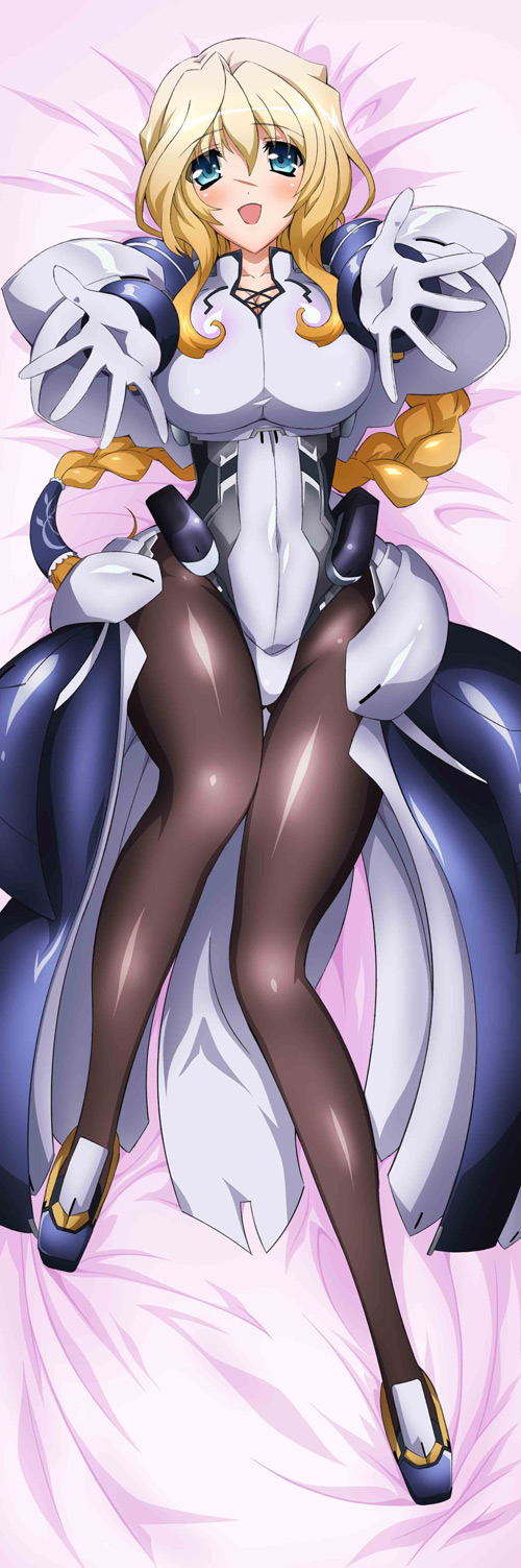 :d blonde_hair blue_eyes blush bodysuit braid breasts cleavage dakimakura full_body gloves highres kyoukaisenjou_no_horizon large_breasts long_hair lying mary_stuart official_art on_back open_mouth outstretched_arms pantyhose scar single_braid smile solo
