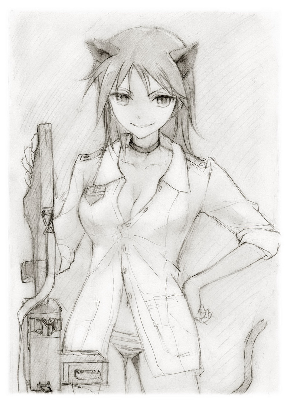 animal_ears bad_id bad_pixiv_id breasts cat_ears cat_tail choker cleavage francesca_lucchini gun highres kisetsu medium_breasts military military_uniform monochrome no_pants older panties sketch sleeves_rolled_up solo strike_witches striped striped_panties tail traditional_media underwear uniform weapon world_witches_series