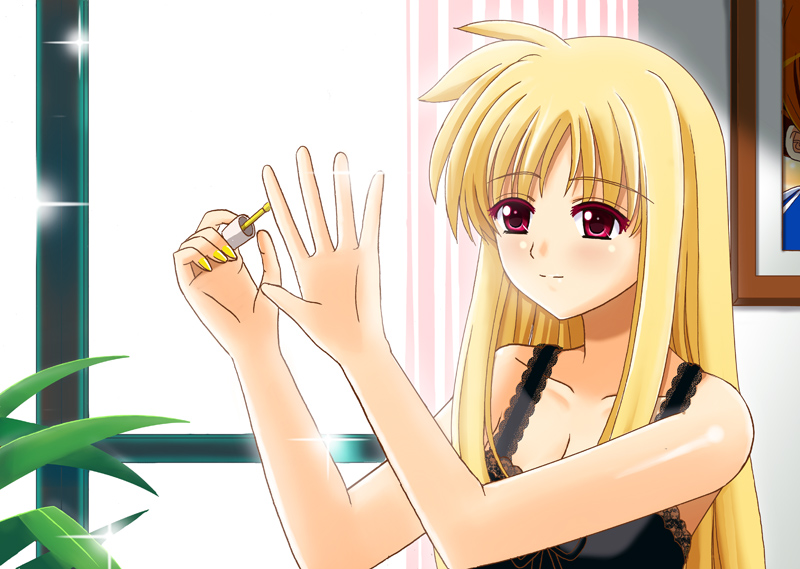 bare_shoulders blonde_hair breasts camisole cleavage fate_testarossa light_smile lingerie long_hair lyrical_nanoha mahou_shoujo_lyrical_nanoha_strikers md5_mismatch medium_breasts nail_polish ookawa_wataru painting_nails red_eyes solo underwear very_long_hair window