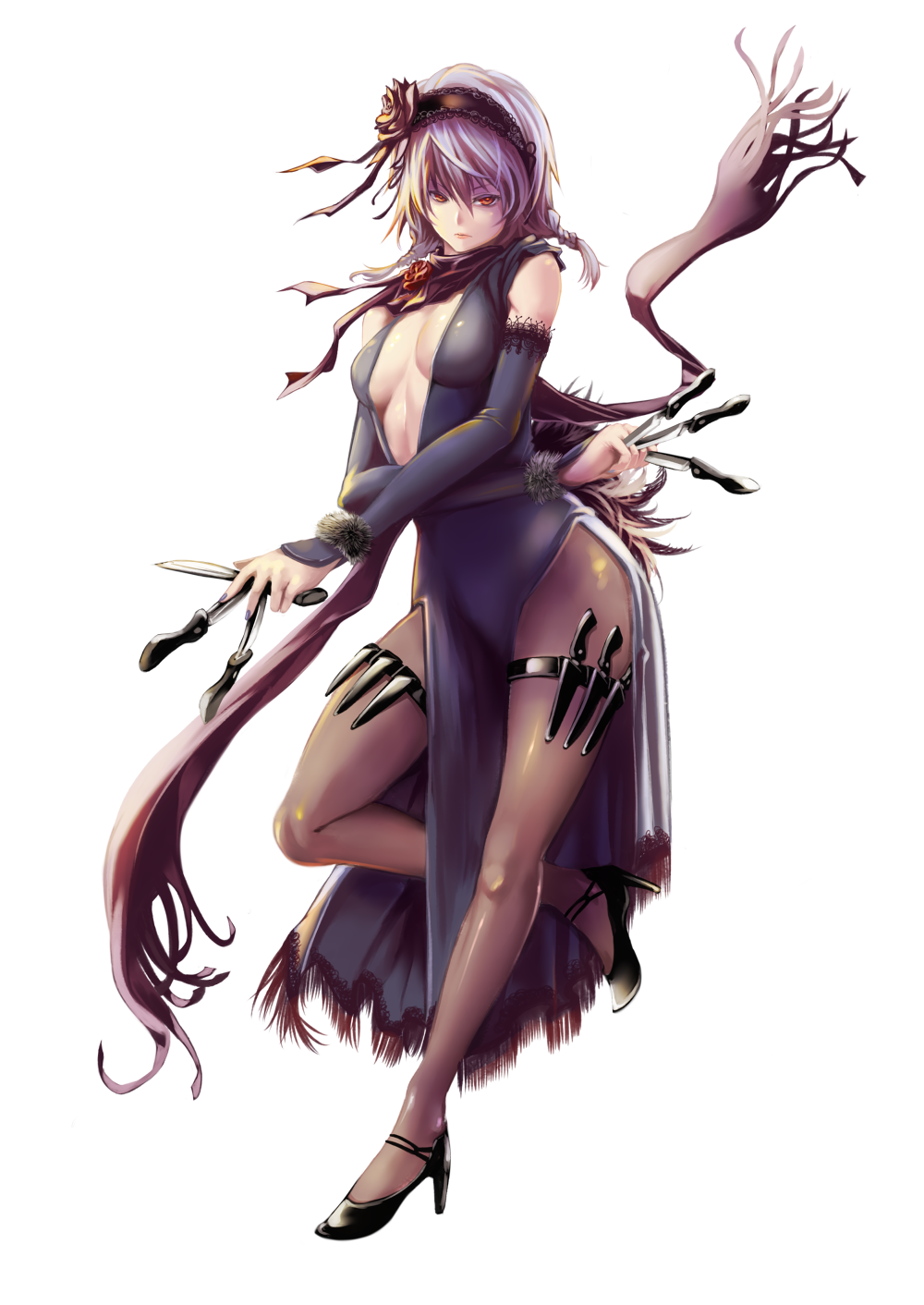 alternate_costume bare_shoulders breasts flower full_body hairband high_heels highres i-la izayoi_sakuya knife legs medium_breasts pantyhose red_eyes rose scarf sheath shoes short_hair silver_hair simple_background solo thigh_strap touhou weapon_in_garters white_background