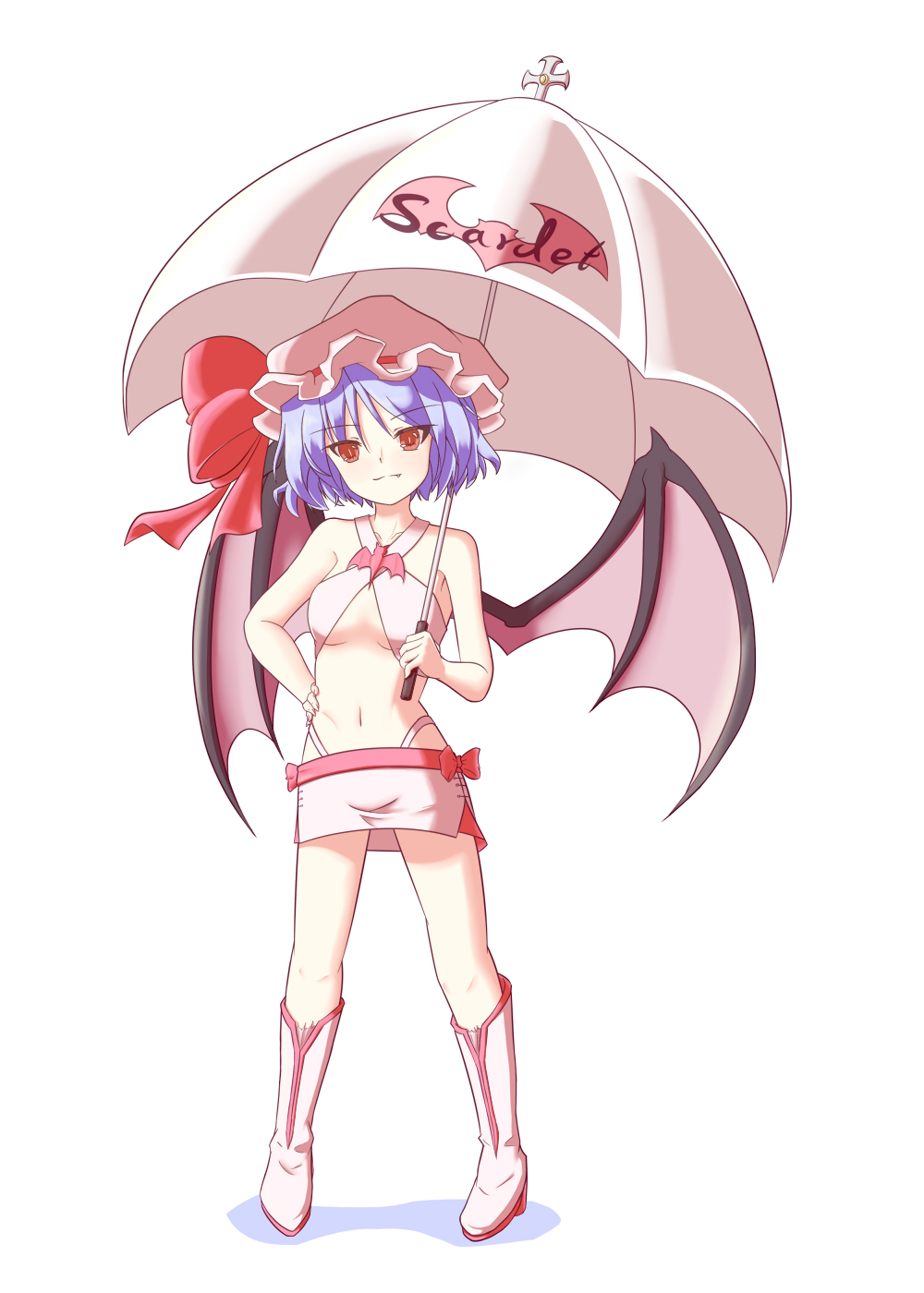 bat_wings boots fang full_body hand_on_hip hat highleg highres midriff navel purple_hair race_queen red_eyes remilia_scarlet short_hair solo touhou tsunde_leon umbrella white_background wings