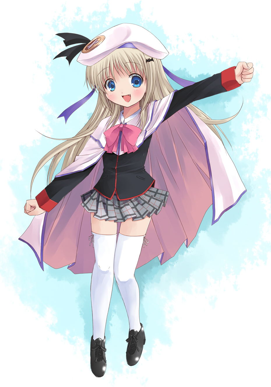 bad_id bad_pixiv_id blonde_hair blue_eyes bow cape fang hat highres little_busters! long_hair noumi_kudryavka okotan_(dewdrops) open_mouth pink_bow plaid plaid_skirt school_uniform skirt solo thighhighs