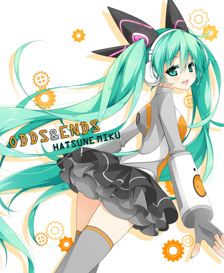 aqua_eyes aqua_hair character_name copyright_name green_eyes green_hair hatsune_miku long_hair looking_at_viewer odds_&amp;_ends_(vocaloid) open_mouth project_diva_(series) project_diva_f reina_(black_spider) skirt smile solo thighhighs twintails very_long_hair vocaloid zettai_ryouiki
