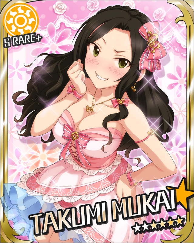 alternate_hairstyle artist_request black_hair blush breasts brown_hair card_(medium) character_name cleavage earrings grin hand_on_hip idolmaster idolmaster_cinderella_girls jewelry large_breasts long_hair mukai_takumi official_art pendant smile solo sun_(symbol) wavy_mouth