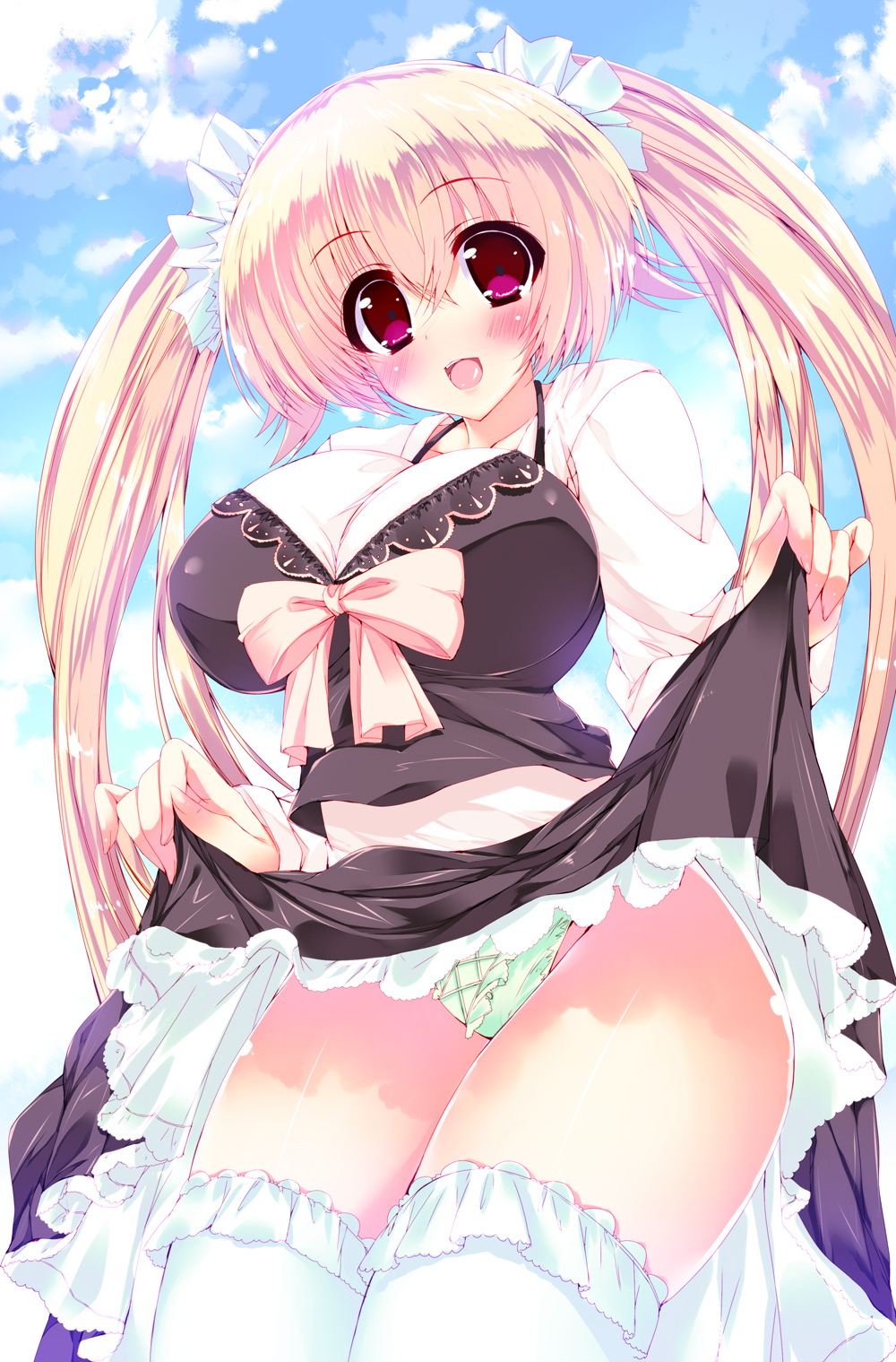 aqua_panties bad_id bad_pixiv_id blush breasts cloud cloudy_sky day hair_ornament highres huge_breasts long_hair noto_kurumi open_mouth original panties pink_eyes pink_hair skirt skirt_lift sky smile solo thighhighs twintails underwear white_legwear