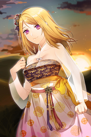 bangs bare_shoulders blonde_hair breasts cleavage collarbone flower hanbok holding korean_clothes long_hair lowres medium_breasts outdoors parted_bangs pink_eyes ribbon rose_pacifica smile solo strapless sunset sword_girls tyuhus