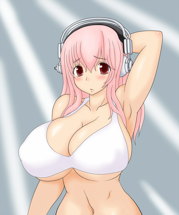 1girl blush breasts cleavage headphones huge_breasts nitroplus pink_eyes pink_hair super_sonico