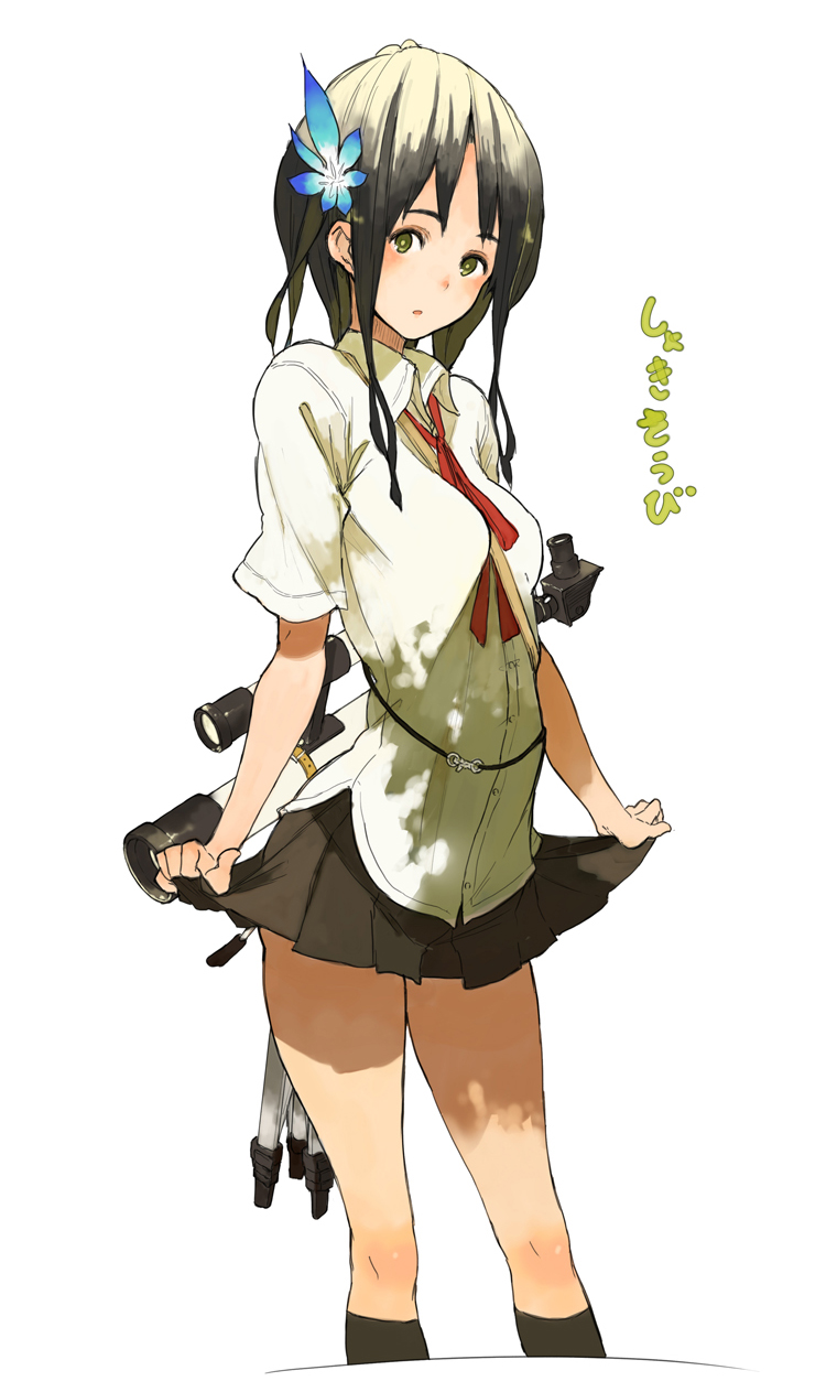 black_hair blush brown_eyes camera flower hair_flower hair_ornament highres long_hair looking_at_viewer mk_(masatusaboten) original school_uniform skirt skirt_lift solo tripod