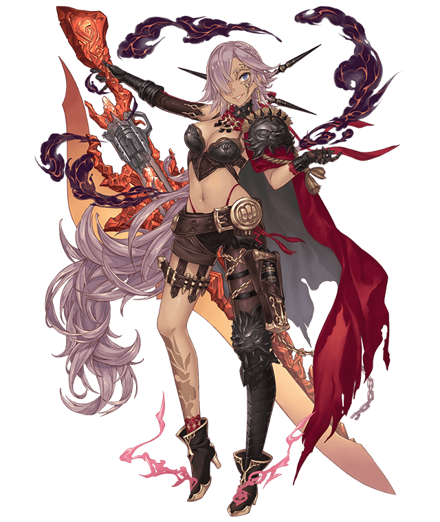 1girl asymmetrical_gloves asymmetrical_legwear belt blue_eyes cape chain chains cinderella_(sinoalice) dark_skin earrings elbow_gloves full_body gloves gold_chain grin gun gunblade hair_over_one_eye half_mask high_heels holster holstered_weapon huge_weapon jewelry ji_no long_hair looking_to_the_side midriff navel official_art purple_hair shoulder_armor sinoalice smile solo sword tattoo torn_cape torn_clothes transparent_background very_long_hair weapon