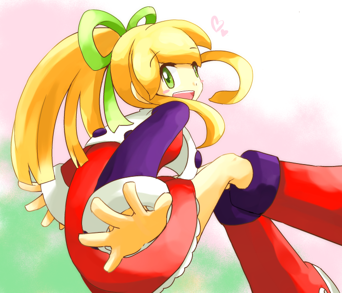 bad_id bad_pixiv_id blonde_hair blush_stickers boots dress green_eyes hair_ribbon knee_boots long_hair long_sleeves oira-1103 open_mouth ponytail red_skirt ribbon rockman rockman_(classic) roll skirt solo teeth