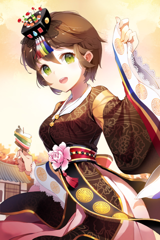 arms_up asmis_hara brown_hair flower gilse green_eyes grin hat holding lowres open_mouth outdoors short_hair sleeves_past_wrists smile solo sword_girls