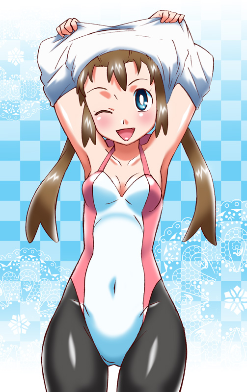 blue_eyes brown_hair hikari_(mitsu_honey) leotard long_hair mei_(pokemon) one_eye_closed pantyhose pink_leotard pokemon pokemon_(game) pokemon_bw2 solo twintails undressing white_leotard