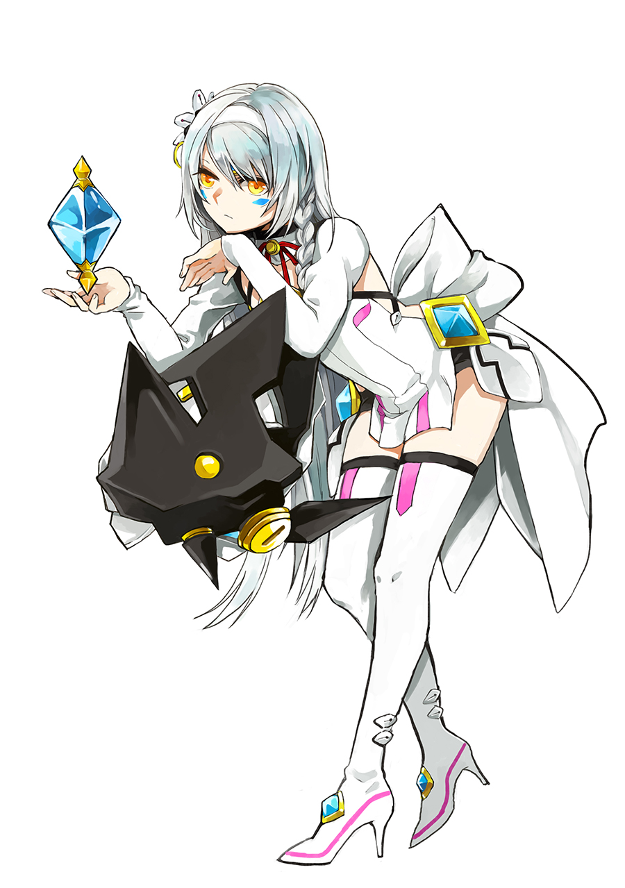 bad_id bad_pixiv_id braid code:_electra_(elsword) elsword eve_(elsword) expressionless full_body gem hairband highres leaning long_hair moby_(elsword) senfui skirt solo thighhighs white_background white_hair white_legwear yellow_eyes