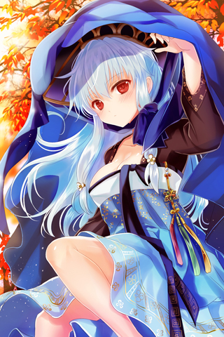 arm_up autumn banned_artist blue_hair blush breasts cleavage dress linus_falco long_hair lowres medium_breasts red_eyes reum sitting solo sword_girls tree