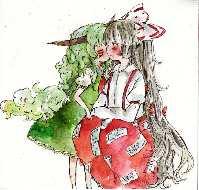 blush bow cheek_kiss conose dress ex-keine fujiwara_no_mokou green_dress green_hair grey_hair hair_bow horns kamishirasawa_keine kiss long_hair multiple_girls silver_hair squatting tail touhou traditional_media very_long_hair watercolor_(medium) younger