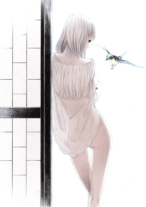 ass back bird blonde_hair copyright_request from_behind lingerie negligee no_panties see-through solo sousou_(sousouworks) standing thigh_gap underwear