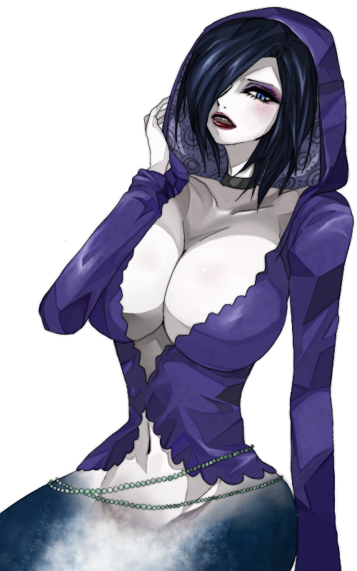 1girl black-mamba black_hair blue_eyes breasts cleavage clothed clothing female fishman_island hair hair_over_eye hair_over_one_eye hood large_breasts lining madam_shyarly madame_shirley mermaid monster monster_girl one_piece plain_background red_lips solo unknown_artist white_background