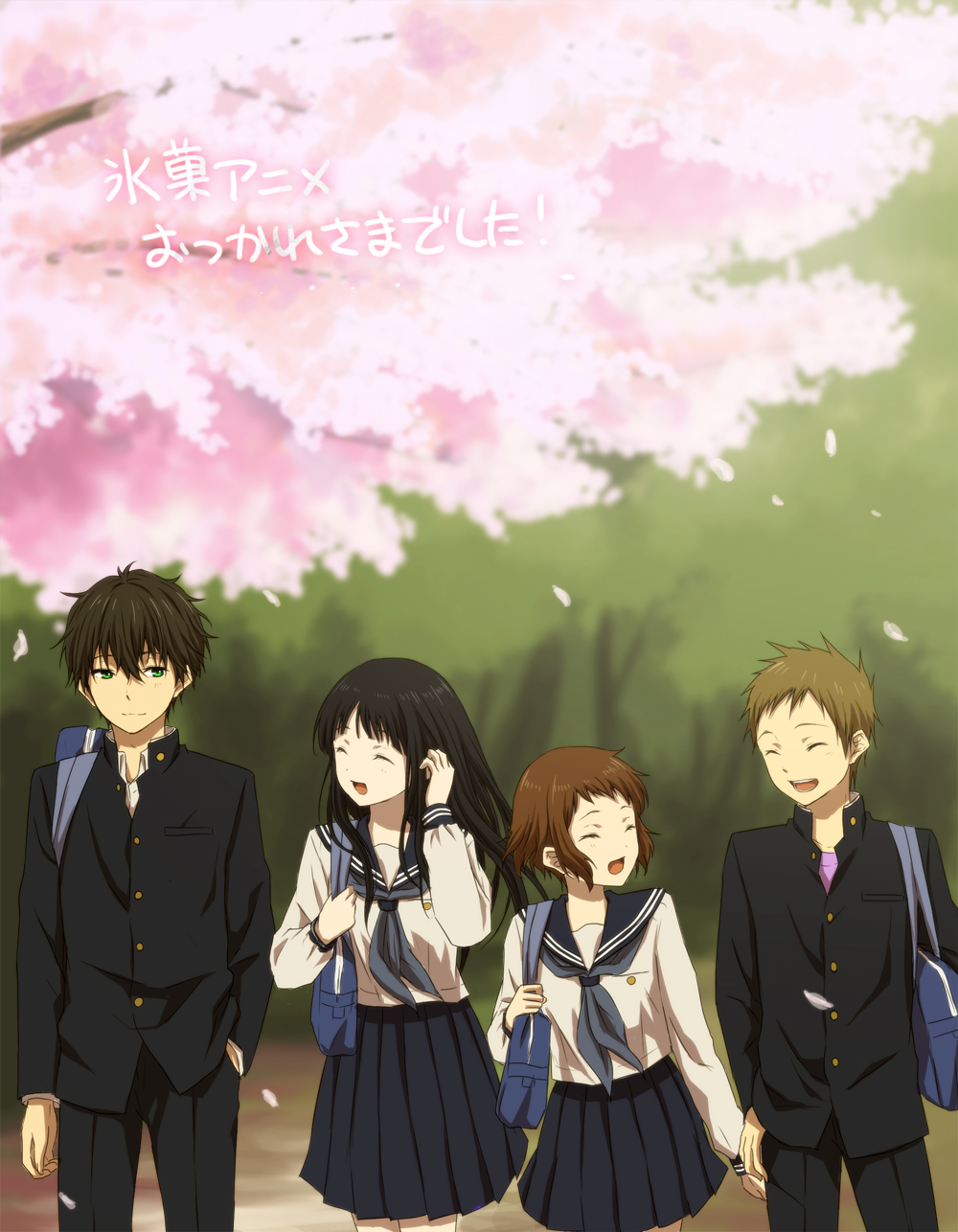 2girls bag black_hair brown_hair cherry_blossoms chitanda_eru closed_eyes fukube_satoshi gakuran green_eyes highres hyouka ibara_mayaka long_hair multiple_boys multiple_girls oreki_houtarou rito453 school_uniform serafuku short_hair translated