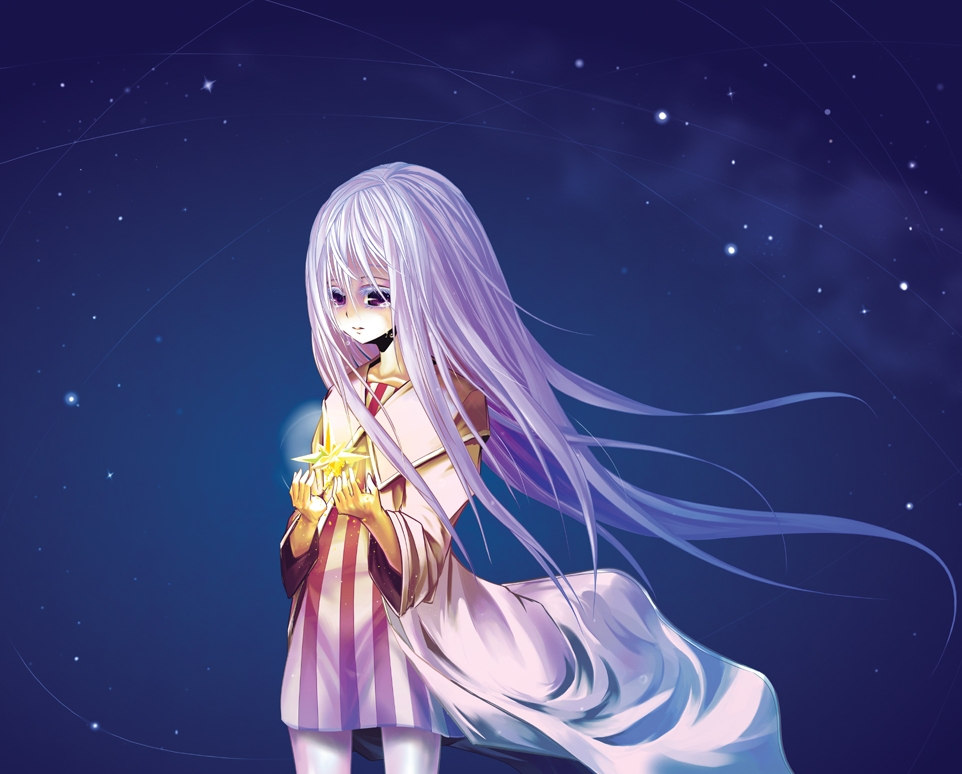 beshi dress glowing hair_down long_hair long_sleeves looking_at_viewer night night_sky no_hat no_headwear outdoors patchouli_knowledge pink_dress pink_eyes pink_hair sky solo standing star star_(sky) starry_sky striped tears touhou vertical_stripes very_long_hair wind