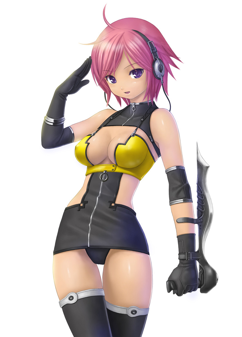 blade breasts cleavage copyright_request elbow_gloves gloves headphones kanzeon large_breasts pink_hair purple_eyes salute short_hair solo thigh_gap thighhighs weapon