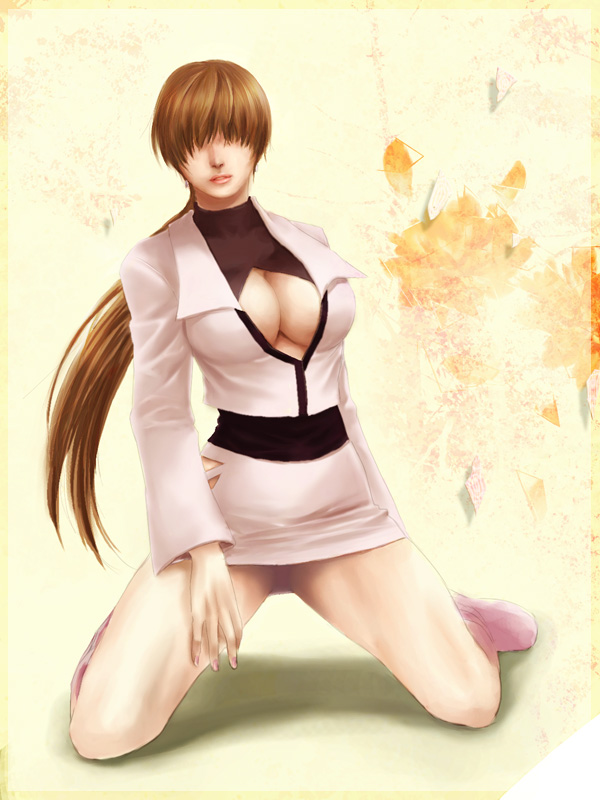 boots breasts brown_hair cleavage cleavage_cutout cropped_jacket earrings hair_over_eyes jewelry kanoca kneeling large_breasts leotard lips lipstick long_hair makeup miniskirt nail_polish no_bra nose pencil_skirt pink_nails ponytail shermie skirt the_king_of_fighters