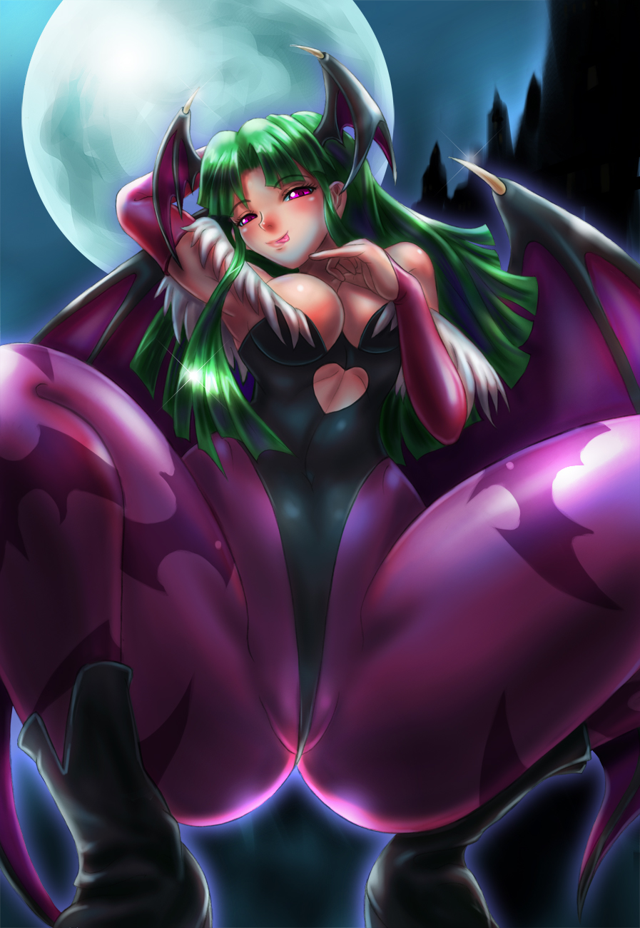 animal_print bare_shoulders bat_print bat_wings boken_fantasy boots breasts bridal_gauntlets cleavage demon_girl elbow_gloves finger_to_chin full_moon gloves green_eyes green_hair head_wings highres large_breasts legs leotard long_hair moon morrigan_aensland pantyhose pink_eyes print_legwear purple_wings seductive_smile smile solo spread_legs squatting succubus thick_thighs thighs tongue tongue_out vampire_(game) wings