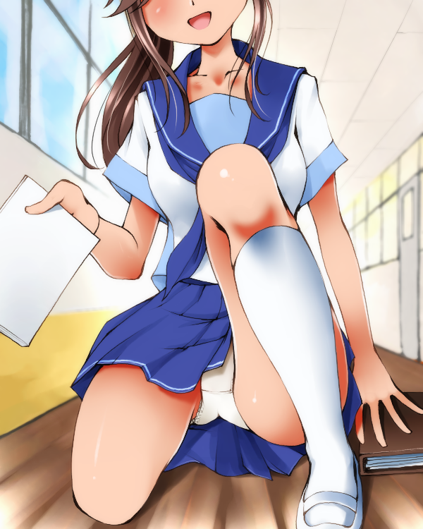 :d blush brown_hair collarbone dr_rex head_out_of_frame long_hair love_plus open_mouth panties paper school_uniform smile solo squatting takane_manaka underwear upskirt white_panties window