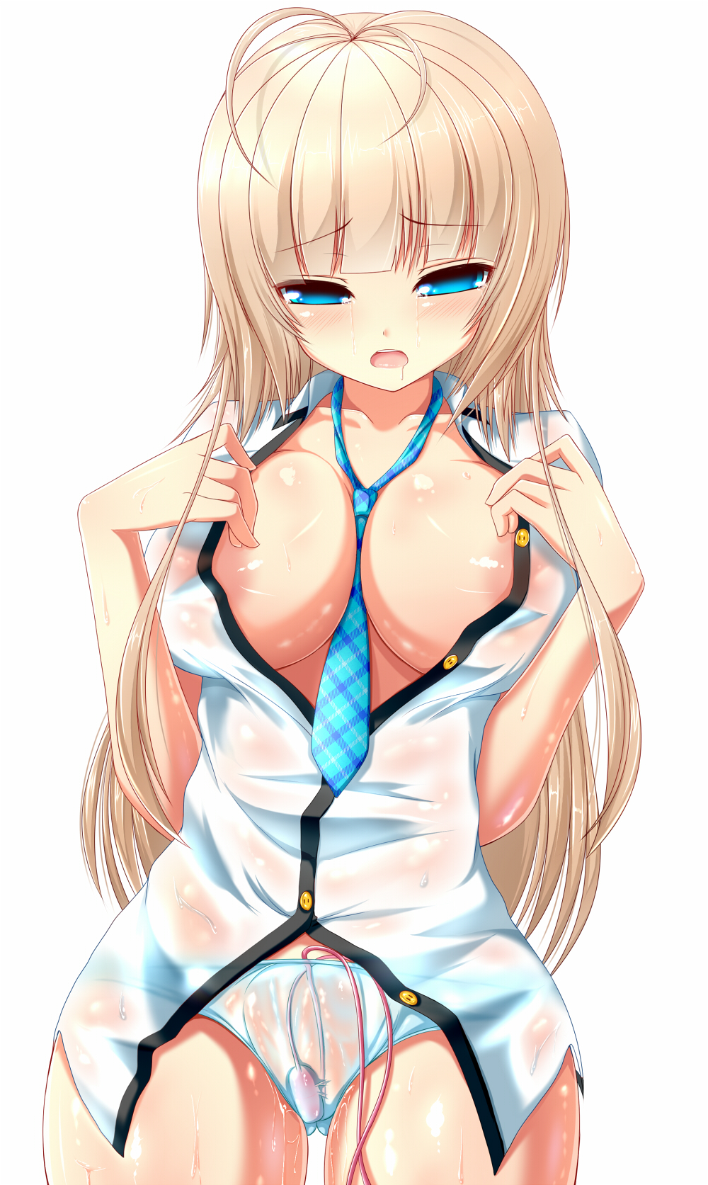 alternate_hair_color antenna_hair areolae bangs between_breasts blonde_hair blue_eyes blue_neckwear blunt_bangs blush breasts collarbone collared_shirt commentary_request cowboy_shot drooling furrowed_eyebrows half-closed_eyes highres large_breasts long_hair necktie necktie_between_breasts no_bra open_mouth original panties plaid plaid_neckwear pussy_juice pussy_juice_drip_through_clothes pussy_juice_stain saliva see-through shiny shiny_skin shirt simple_background solo syroh tears thigh_gap unbuttoned unbuttoned_shirt underwear very_long_hair vibrator vibrator_under_clothes vibrator_under_panties wet wet_clothes wet_panties wet_shirt white_background white_shirt wide_hips wing_collar